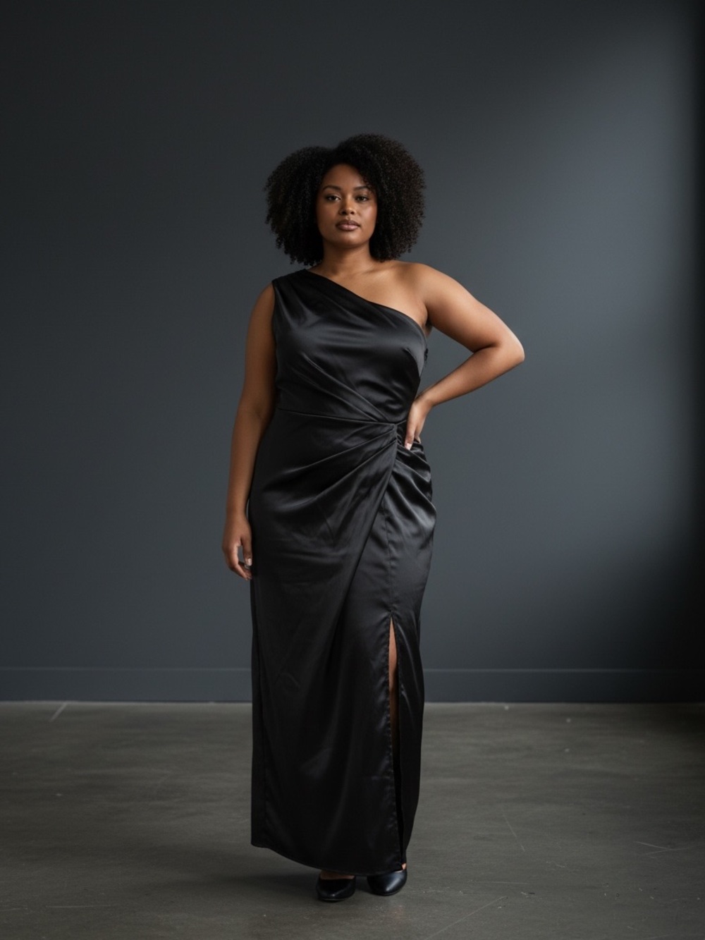 One-Shoulder Black Satin Evening Gown